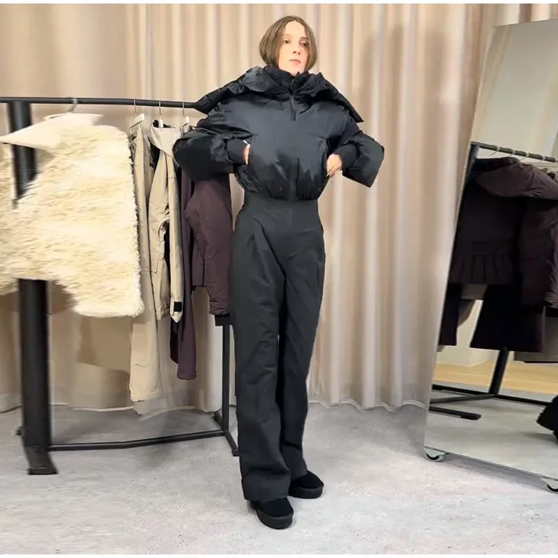 Cotton Padded Ski Jumpsuit Sets Women Zipper High Waist Windproof Outwear Wide Leg Snow 2025 Winter Sports Street Lady Skiwear