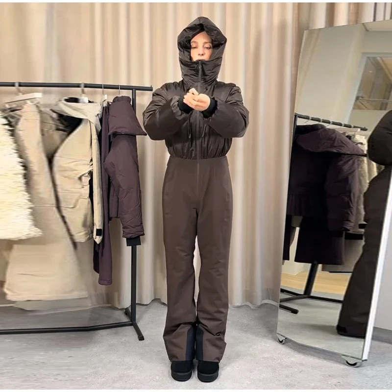 Cotton Padded Ski Jumpsuit Sets Women Zipper High Waist Windproof Outwear Wide Leg Snow 2025 Winter Sports Street Lady Skiwear
