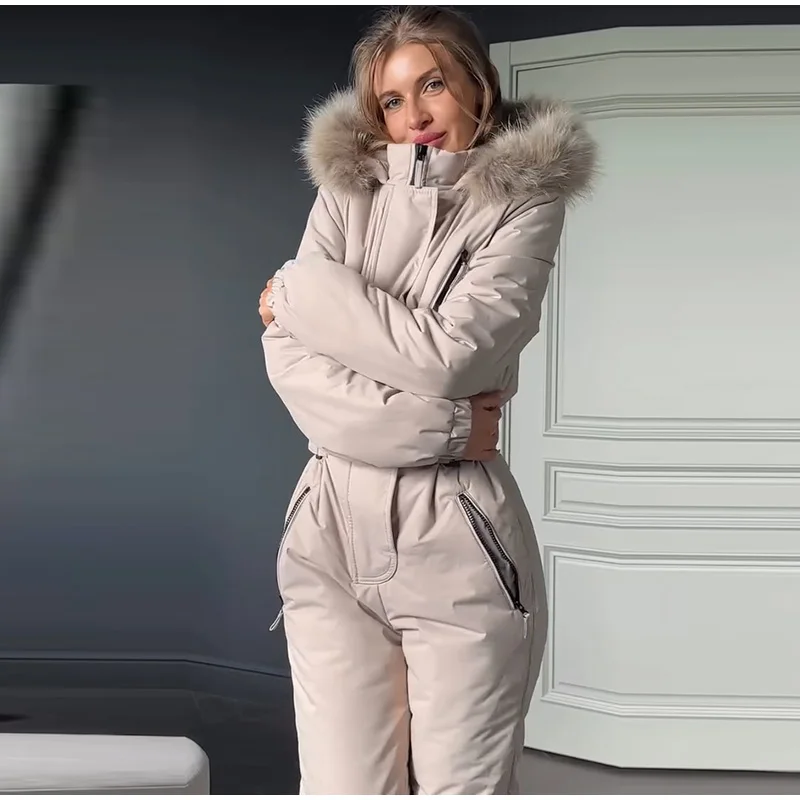 Cotton Padded Ski Jumpsuit Sets Women Zipper High Waist Windproof Outwear Wide Leg Snow 2025 Winter Sports Street Lady Skiwear