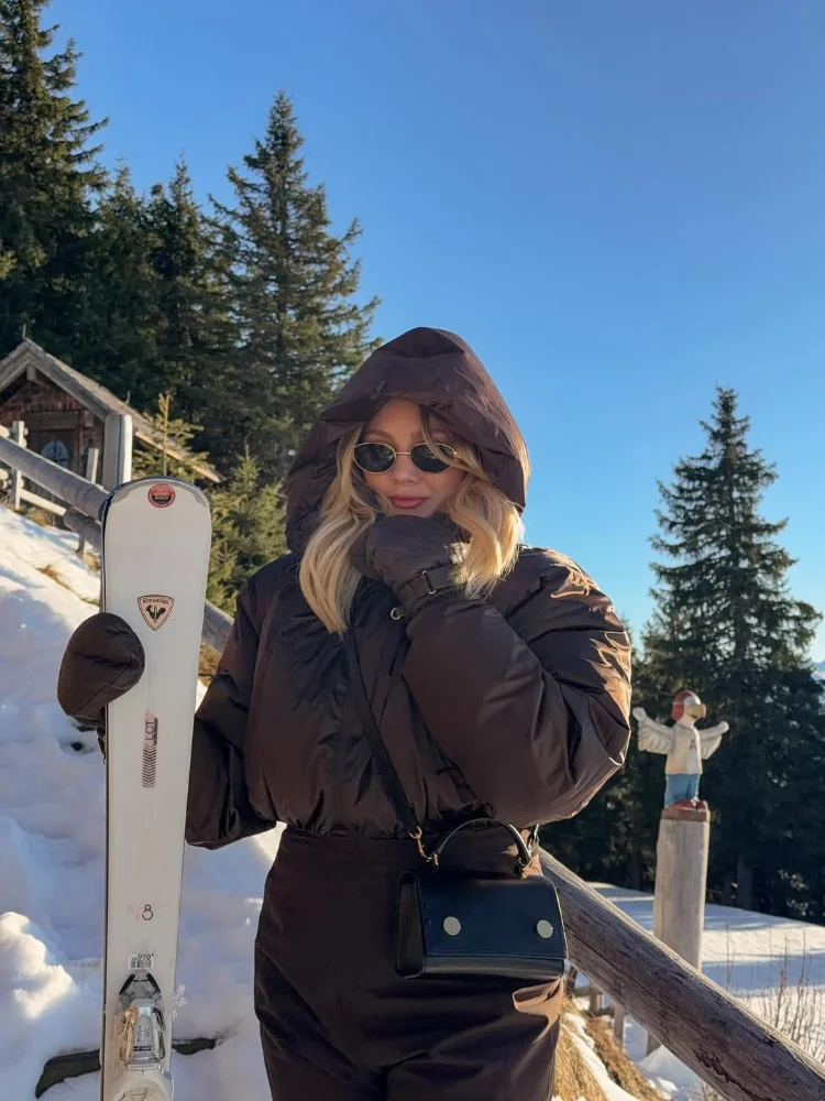 Cotton Padded Ski Jumpsuit Sets Women Zipper High Waist Windproof Outwear Wide Leg Snow 2025 Winter Sports Street Lady Skiwear