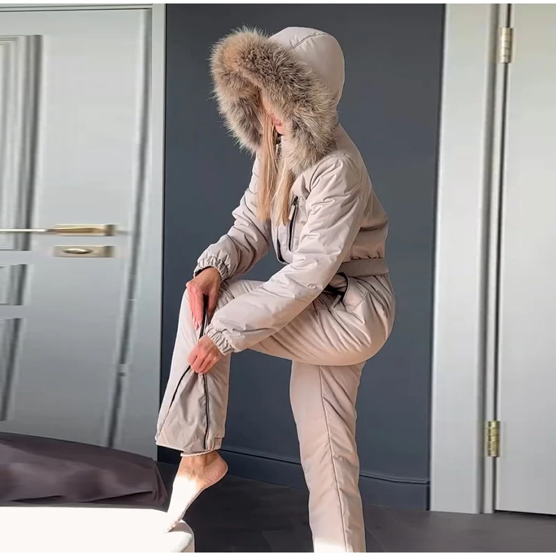 Cotton Padded Ski Jumpsuit Sets Women Zipper High Waist Windproof Outwear Wide Leg Snow 2025 Winter Sports Street Lady Skiwear