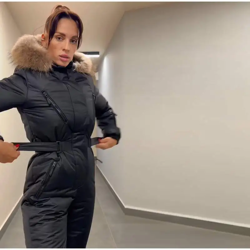 Cotton Padded Ski Jumpsuit Sets Women Zipper High Waist Windproof Outwear Wide Leg Snow 2025 Winter Sports Street Lady Skiwear