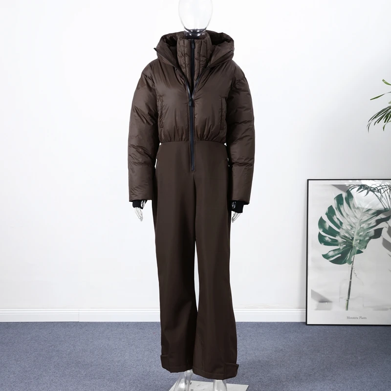 Cotton Padded Ski Jumpsuit Sets Women Zipper High Waist Windproof Outwear Wide Leg Snow 2025 Winter Sports Street Lady Skiwear