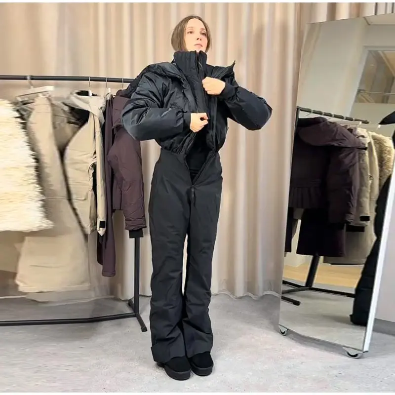 Cotton Padded Ski Jumpsuit Sets Women Zipper High Waist Windproof Outwear Wide Leg Snow 2025 Winter Sports Street Lady Skiwear