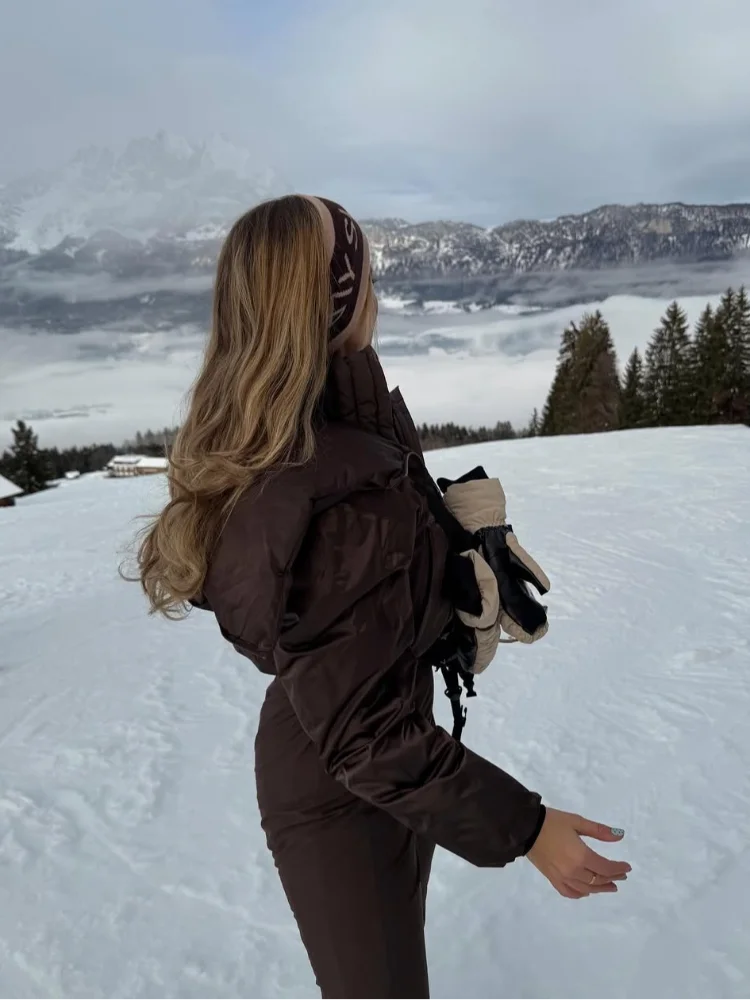 Cotton Padded Ski Jumpsuit Sets Women Zipper High Waist Windproof Outwear Wide Leg Snow 2025 Winter Sports Street Lady Skiwear