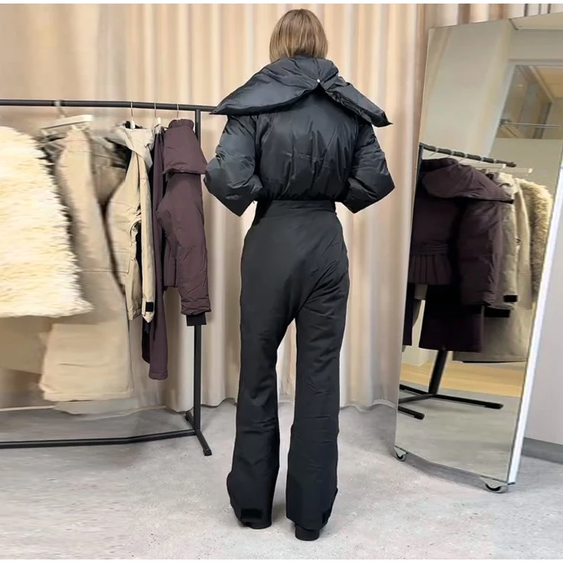 Cotton Padded Ski Jumpsuit Sets Women Zipper High Waist Windproof Outwear Wide Leg Snow 2025 Winter Sports Street Lady Skiwear