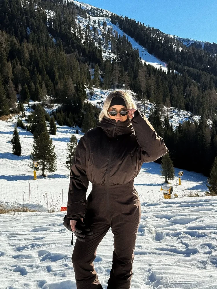 Cotton Padded Ski Jumpsuit Sets Women Zipper High Waist Windproof Outwear Wide Leg Snow 2025 Winter Sports Street Lady Skiwear