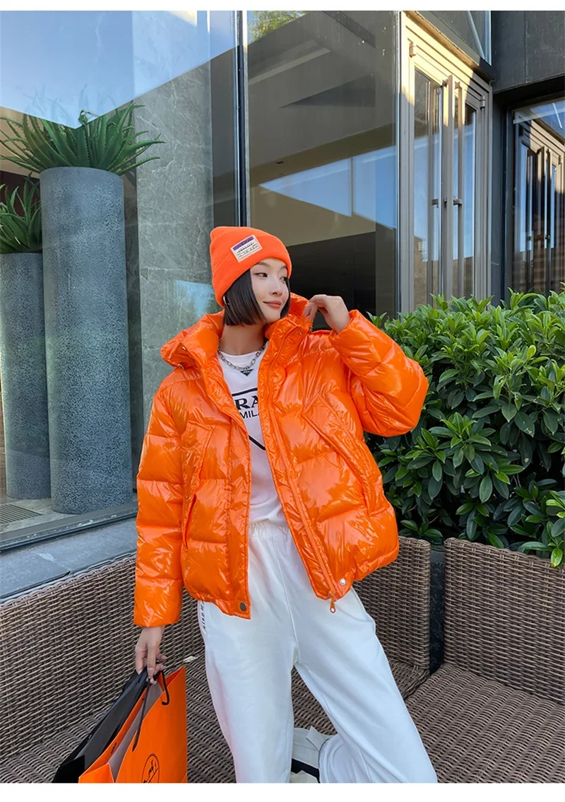 Candy Colors Hooded Glossy Cotton-padded Coat Women Short Warm Parkas 2026 Winter Casual Long Sleeve Cotton-clothes Outerwear