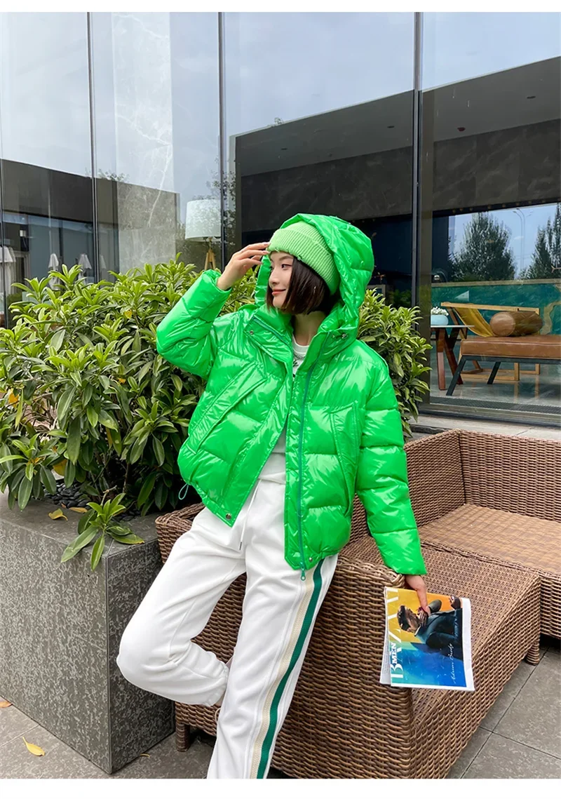 Candy Colors Hooded Glossy Cotton-padded Coat Women Short Warm Parkas 2026 Winter Casual Long Sleeve Cotton-clothes Outerwear