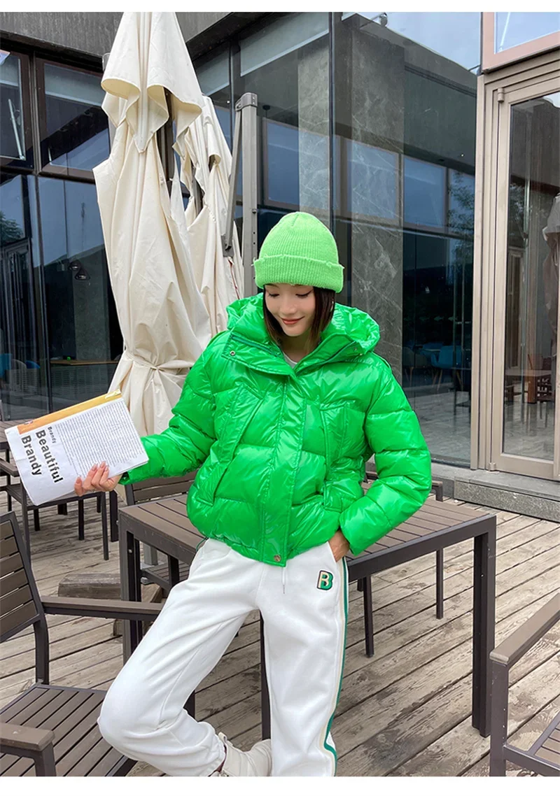 Candy Colors Hooded Glossy Cotton-padded Coat Women Short Warm Parkas 2026 Winter Casual Long Sleeve Cotton-clothes Outerwear