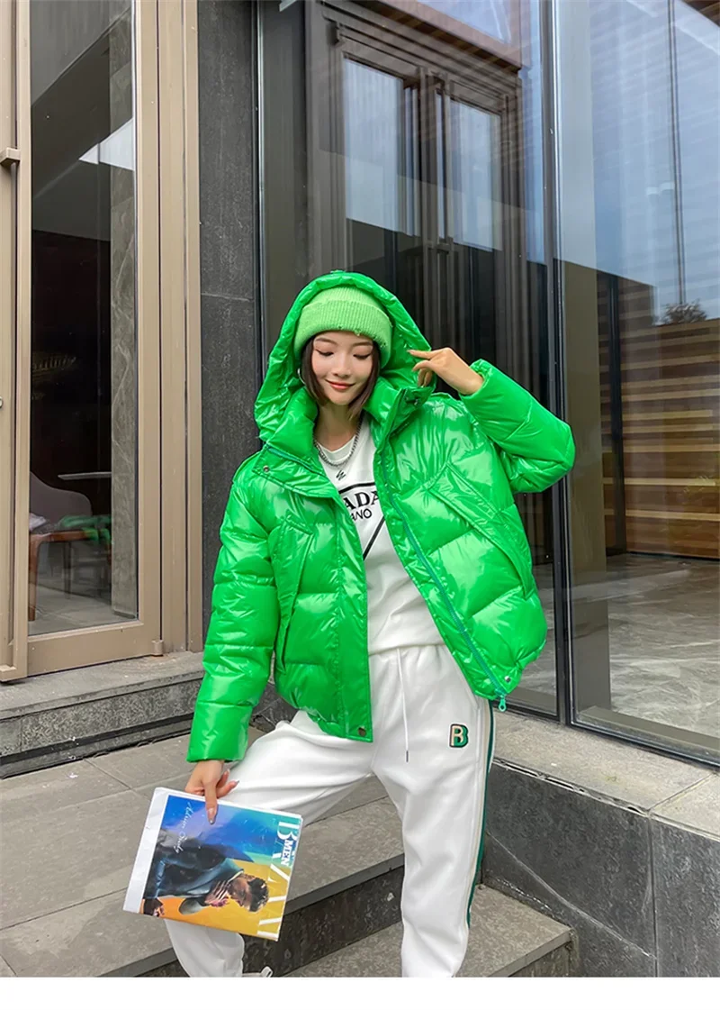 Candy Colors Hooded Glossy Cotton-padded Coat Women Short Warm Parkas 2026 Winter Casual Long Sleeve Cotton-clothes Outerwear