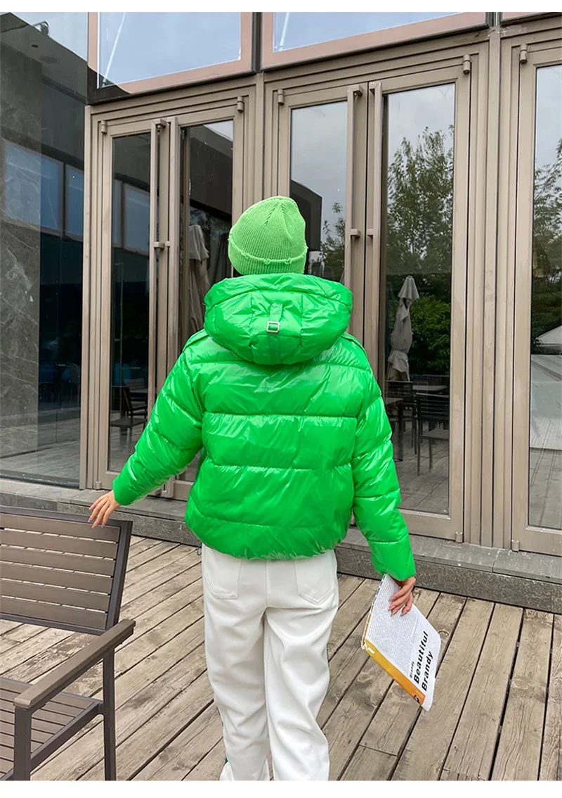 Candy Colors Hooded Glossy Cotton-padded Coat Women Short Warm Parkas 2026 Winter Casual Long Sleeve Cotton-clothes Outerwear