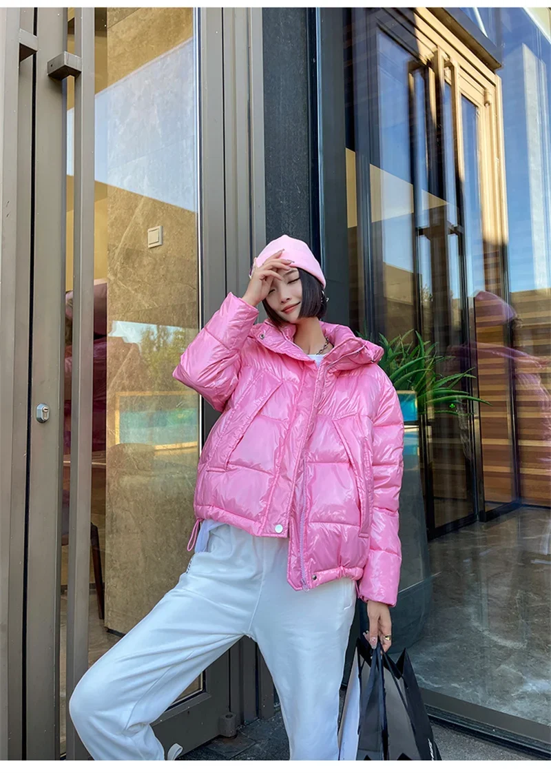 Candy Colors Hooded Glossy Cotton-padded Coat Women Short Warm Parkas 2026 Winter Casual Long Sleeve Cotton-clothes Outerwear