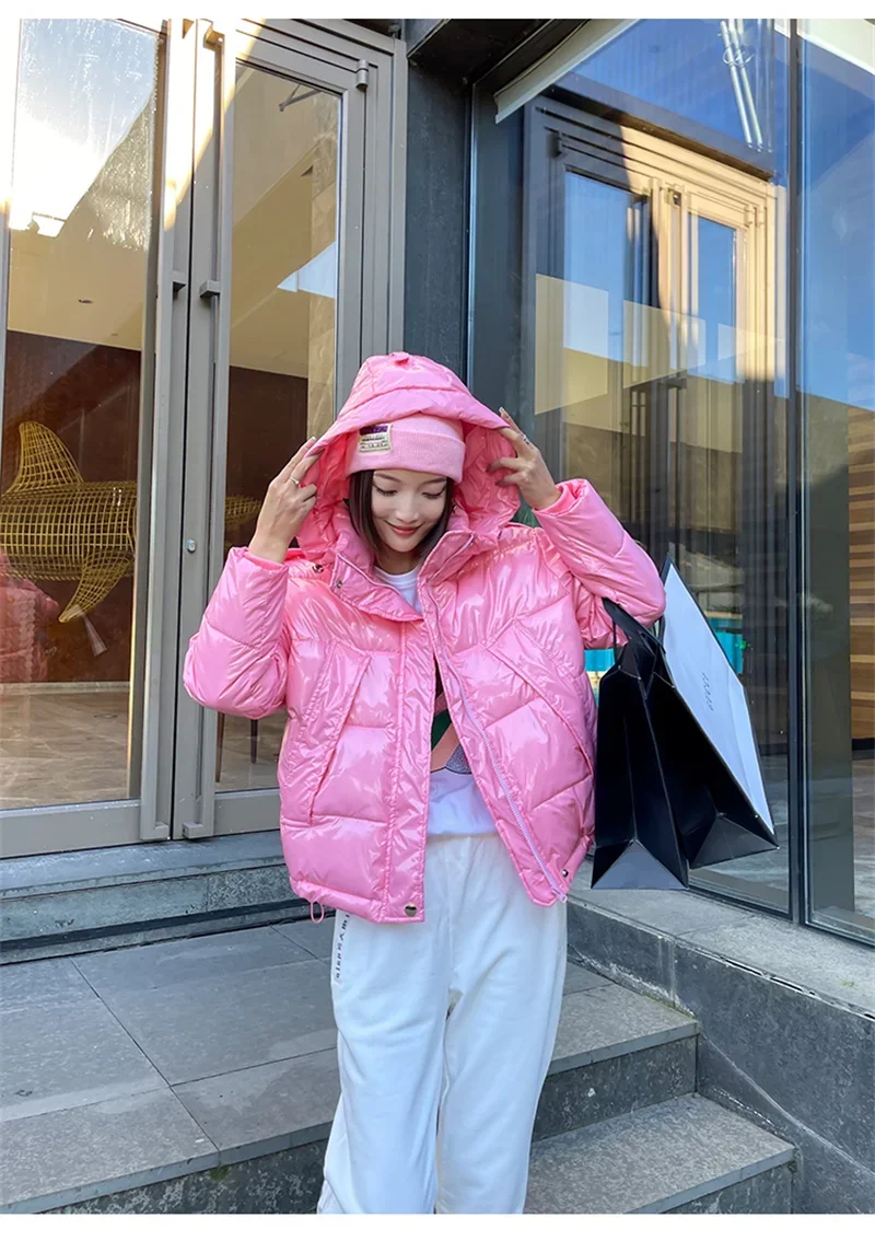 Candy Colors Hooded Glossy Cotton-padded Coat Women Short Warm Parkas 2026 Winter Casual Long Sleeve Cotton-clothes Outerwear