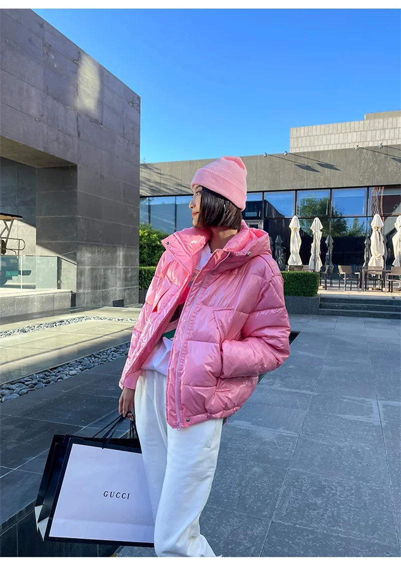 Candy Colors Hooded Glossy Cotton-padded Coat Women Short Warm Parkas 2026 Winter Casual Long Sleeve Cotton-clothes Outerwear