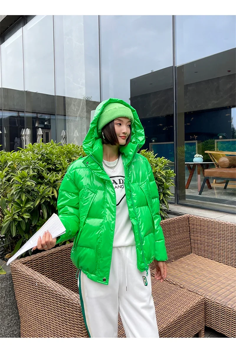 Candy Colors Hooded Glossy Cotton-padded Coat Women Short Warm Parkas 2026 Winter Casual Long Sleeve Cotton-clothes Outerwear