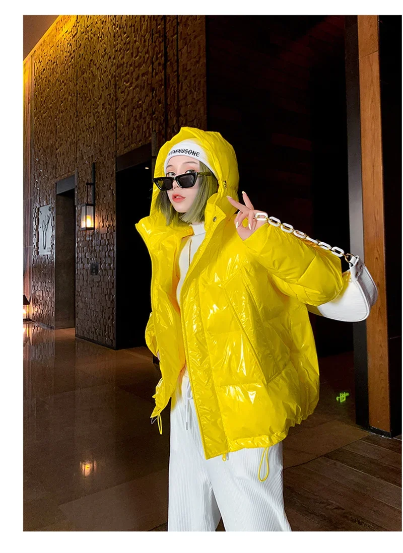 Candy Colors Hooded Glossy Cotton-padded Coat Women Short Warm Parkas 2026 Winter Casual Long Sleeve Cotton-clothes Outerwear