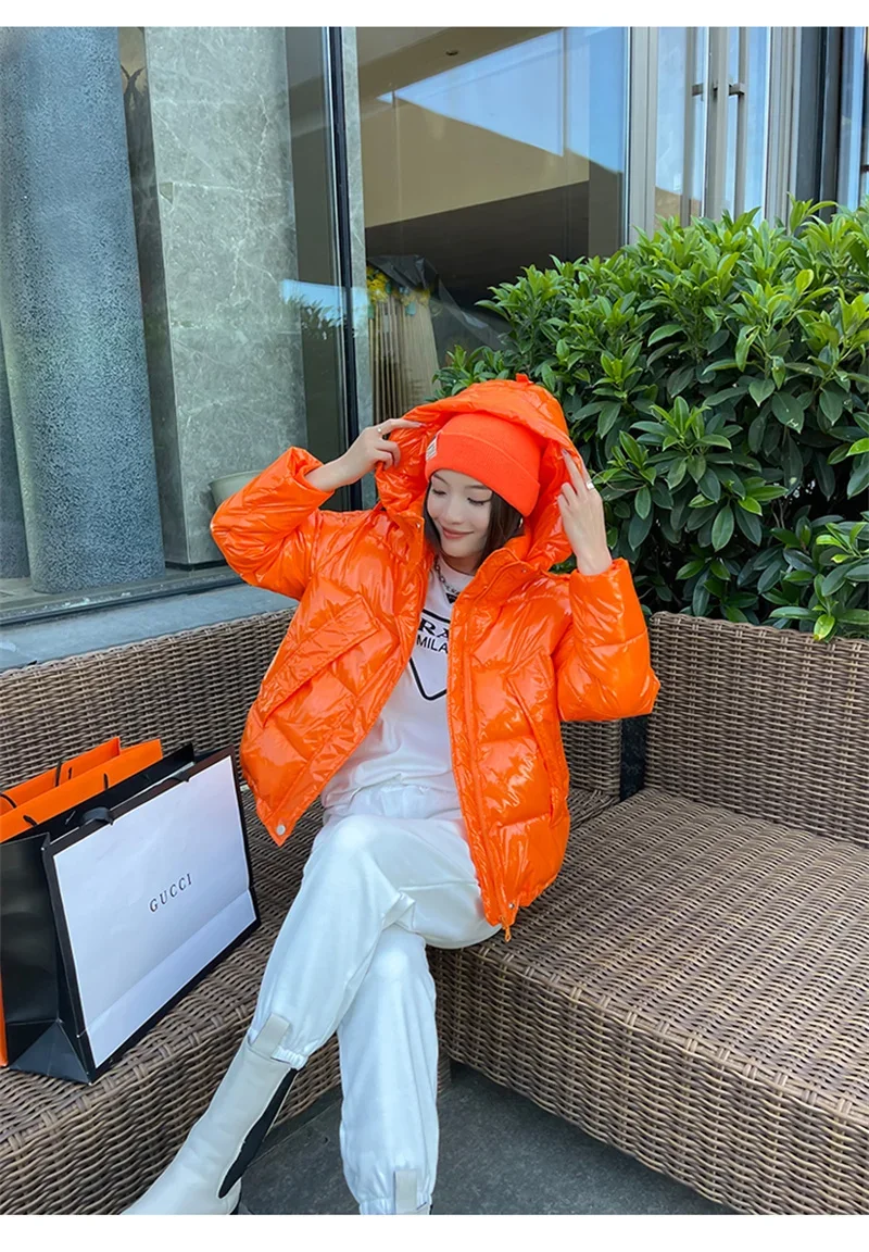 Candy Colors Hooded Glossy Cotton-padded Coat Women Short Warm Parkas 2026 Winter Casual Long Sleeve Cotton-clothes Outerwear