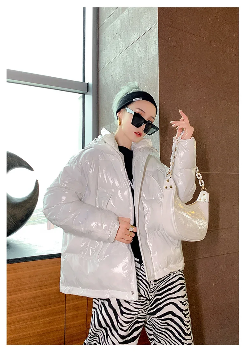 Candy Colors Hooded Glossy Cotton-padded Coat Women Short Warm Parkas 2026 Winter Casual Long Sleeve Cotton-clothes Outerwear