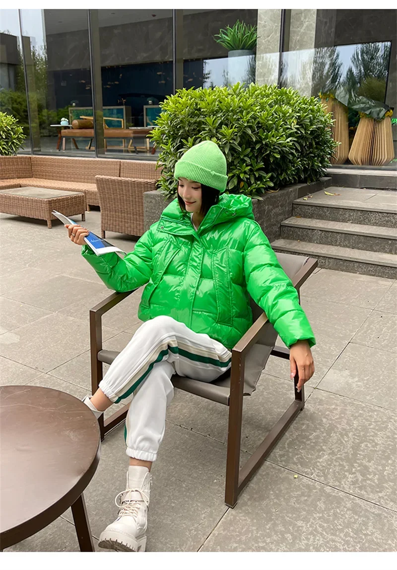 Candy Colors Hooded Glossy Cotton-padded Coat Women Short Warm Parkas 2026 Winter Casual Long Sleeve Cotton-clothes Outerwear