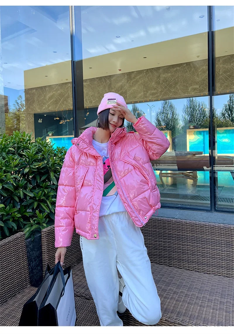Candy Colors Hooded Glossy Cotton-padded Coat Women Short Warm Parkas 2026 Winter Casual Long Sleeve Cotton-clothes Outerwear