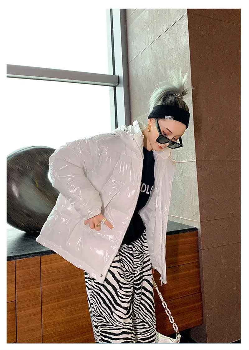 Candy Colors Hooded Glossy Cotton-padded Coat Women Short Warm Parkas 2026 Winter Casual Long Sleeve Cotton-clothes Outerwear