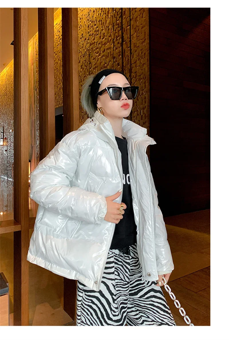 Candy Colors Hooded Glossy Cotton-padded Coat Women Short Warm Parkas 2026 Winter Casual Long Sleeve Cotton-clothes Outerwear