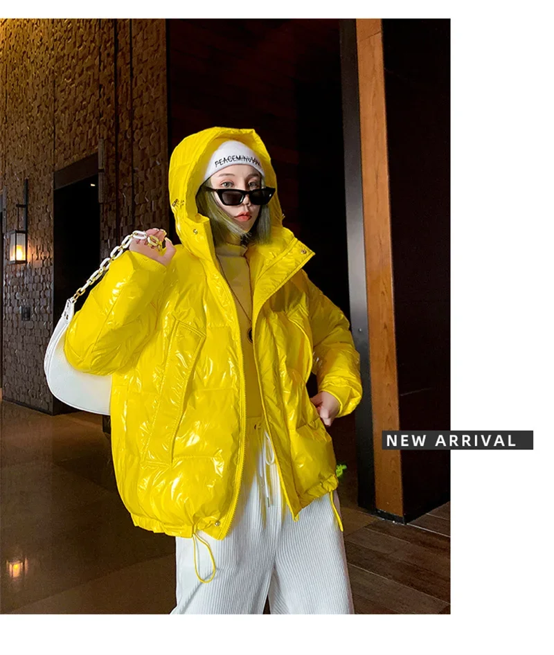 Candy Colors Hooded Glossy Cotton-padded Coat Women Short Warm Parkas 2026 Winter Casual Long Sleeve Cotton-clothes Outerwear