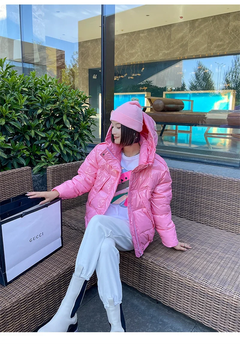 Candy Colors Hooded Glossy Cotton-padded Coat Women Short Warm Parkas 2026 Winter Casual Long Sleeve Cotton-clothes Outerwear