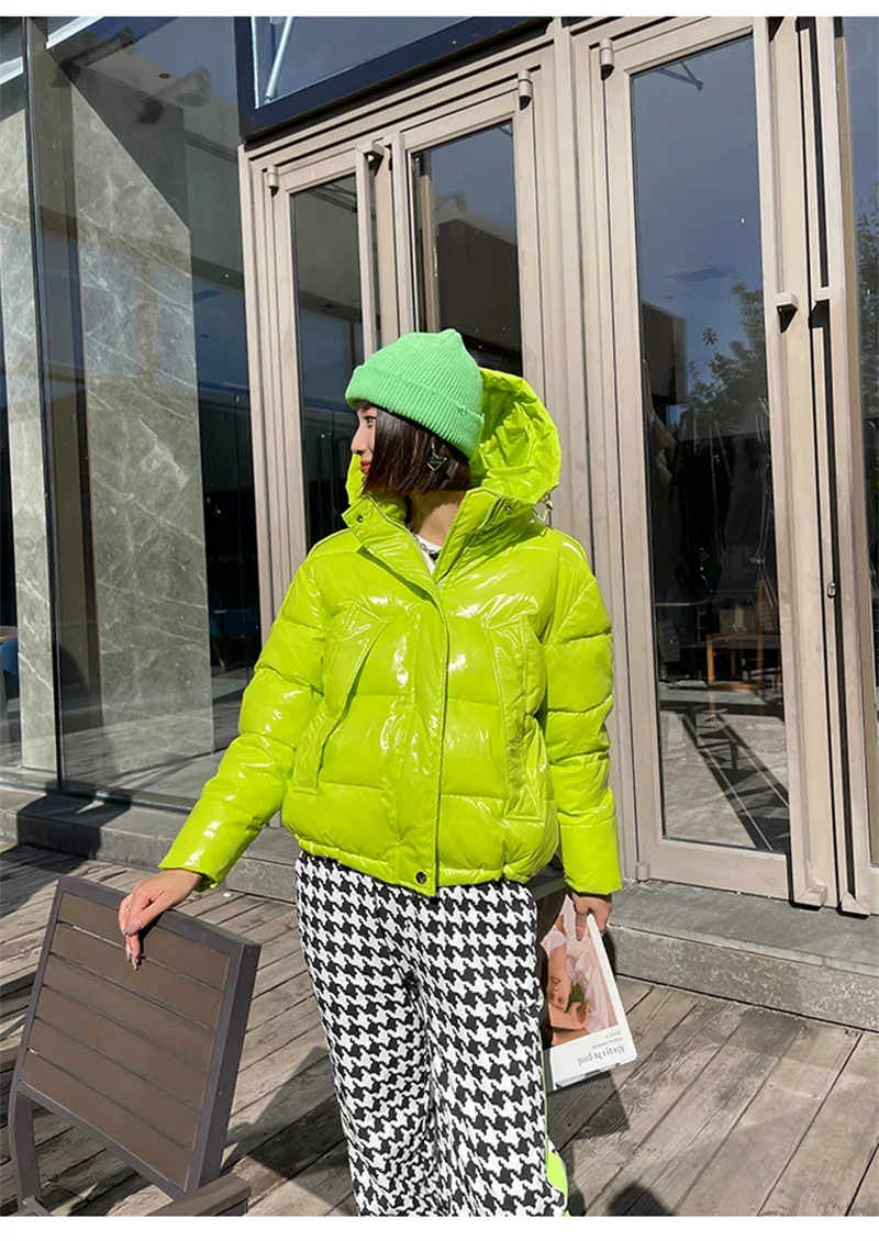 Candy Colors Hooded Glossy Cotton-padded Coat Women Short Warm Parkas 2026 Winter Casual Long Sleeve Cotton-clothes Outerwear