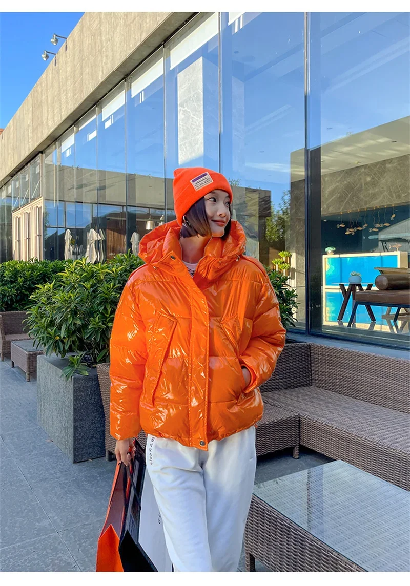 Candy Colors Hooded Glossy Cotton-padded Coat Women Short Warm Parkas 2026 Winter Casual Long Sleeve Cotton-clothes Outerwear