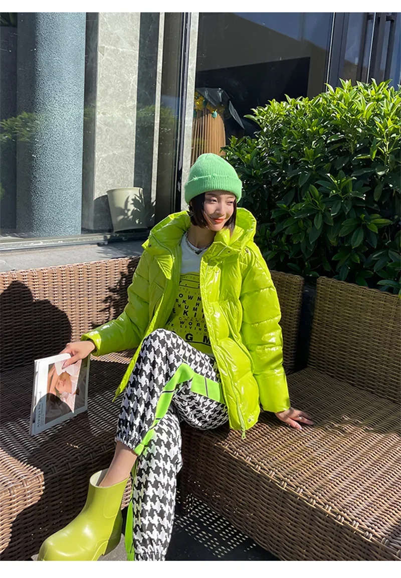 Candy Colors Hooded Glossy Cotton-padded Coat Women Short Warm Parkas 2026 Winter Casual Long Sleeve Cotton-clothes Outerwear