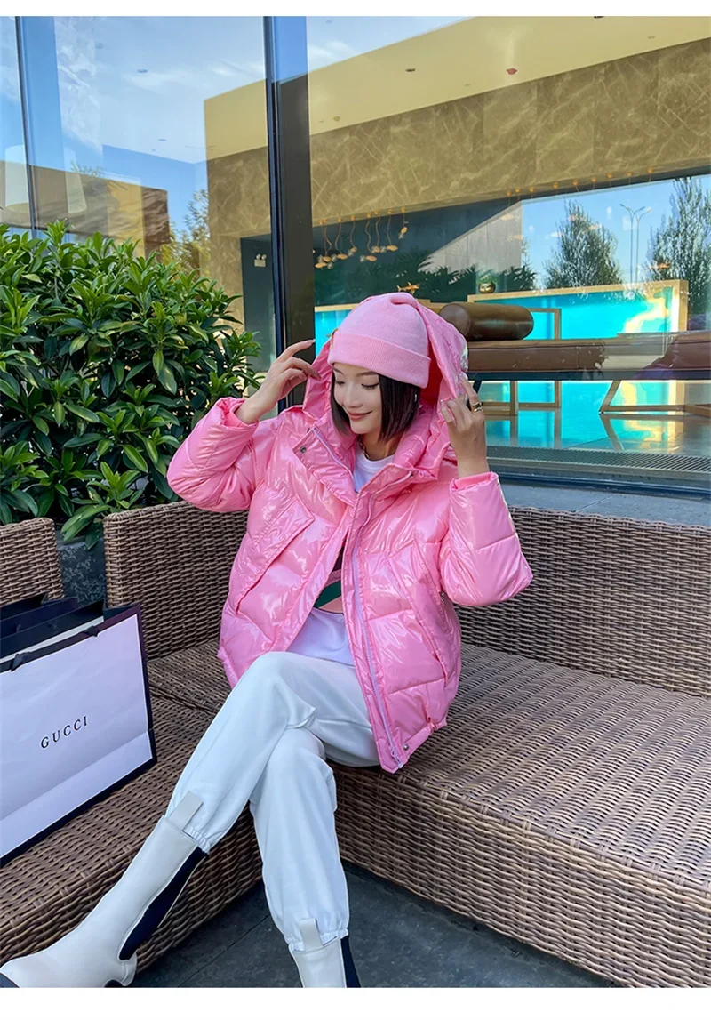 Candy Colors Hooded Glossy Cotton-padded Coat Women Short Warm Parkas 2026 Winter Casual Long Sleeve Cotton-clothes Outerwear