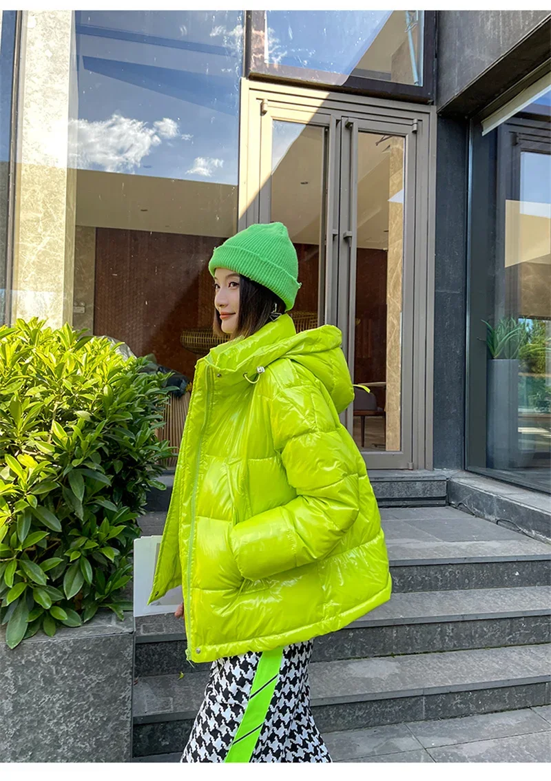 Candy Colors Hooded Glossy Cotton-padded Coat Women Short Warm Parkas 2026 Winter Casual Long Sleeve Cotton-clothes Outerwear