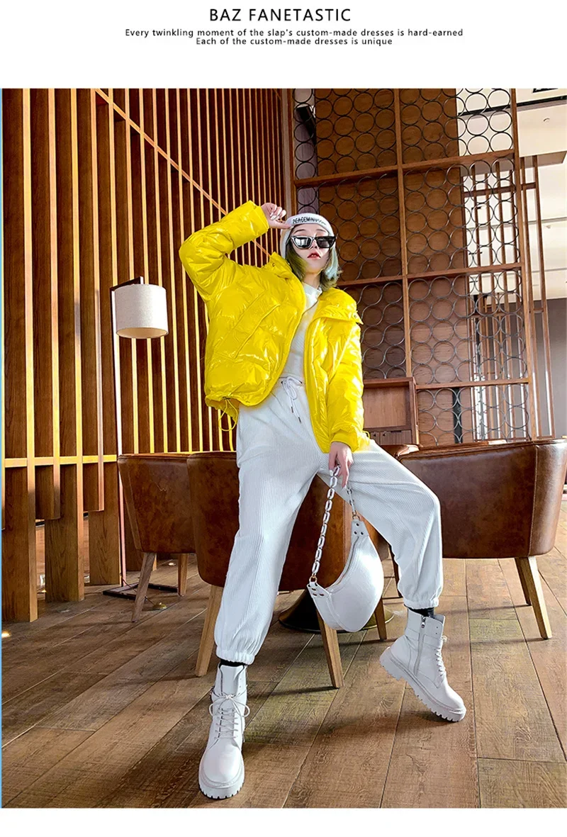 Candy Colors Hooded Glossy Cotton-padded Coat Women Short Warm Parkas 2026 Winter Casual Long Sleeve Cotton-clothes Outerwear