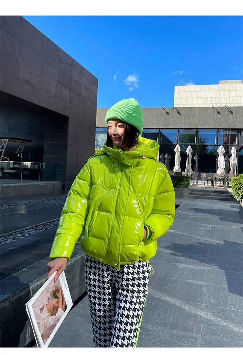 Candy Colors Hooded Glossy Cotton-padded Coat Women Short Warm Parkas 2026 Winter Casual Long Sleeve Cotton-clothes Outerwear