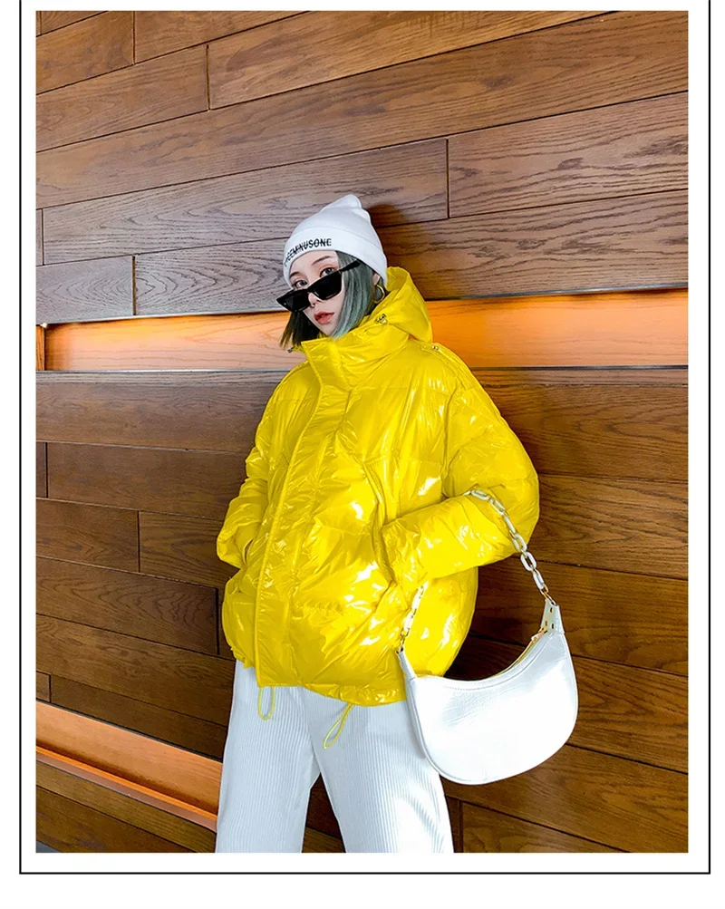 Candy Colors Hooded Glossy Cotton-padded Coat Women Short Warm Parkas 2026 Winter Casual Long Sleeve Cotton-clothes Outerwear
