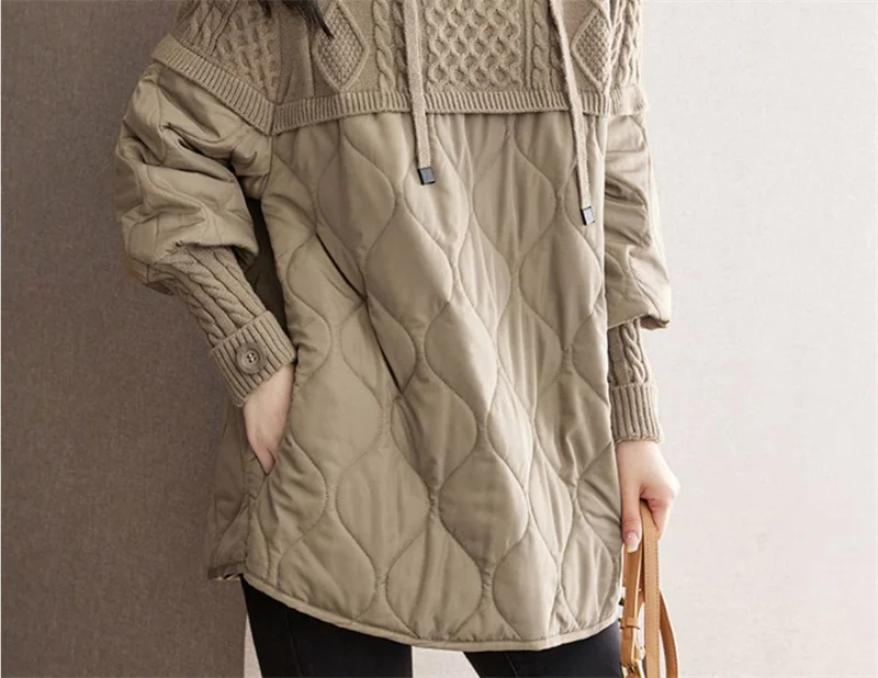 Women Literary Artistic Retro Patchwork Hooded Cotton Jacket Female Winter New Loose Slim Casual Mid Length Cotton Coat Pullover