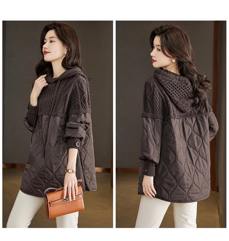 Women Literary Artistic Retro Patchwork Hooded Cotton Jacket Female Winter New Loose Slim Casual Mid Length Cotton Coat Pullover