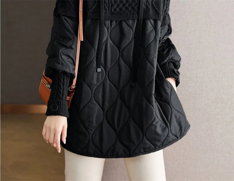 Women Literary Artistic Retro Patchwork Hooded Cotton Jacket Female Winter New Loose Slim Casual Mid Length Cotton Coat Pullover