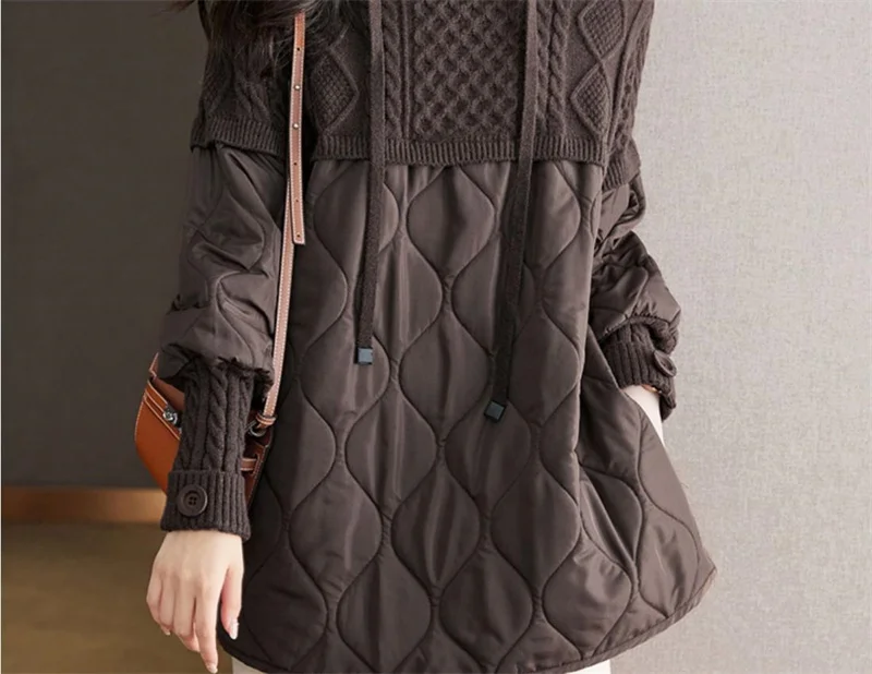 Women Literary Artistic Retro Patchwork Hooded Cotton Jacket Female Winter New Loose Slim Casual Mid Length Cotton Coat Pullover