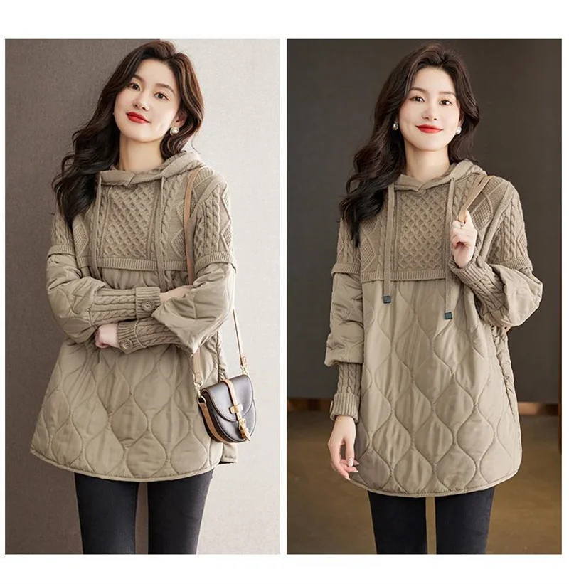 Women Literary Artistic Retro Patchwork Hooded Cotton Jacket Female Winter New Loose Slim Casual Mid Length Cotton Coat Pullover