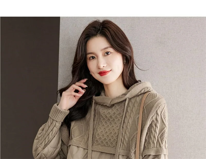 Women Literary Artistic Retro Patchwork Hooded Cotton Jacket Female Winter New Loose Slim Casual Mid Length Cotton Coat Pullover