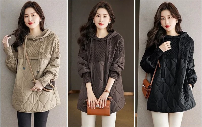 Women Literary Artistic Retro Patchwork Hooded Cotton Jacket Female Winter New Loose Slim Casual Mid Length Cotton Coat Pullover
