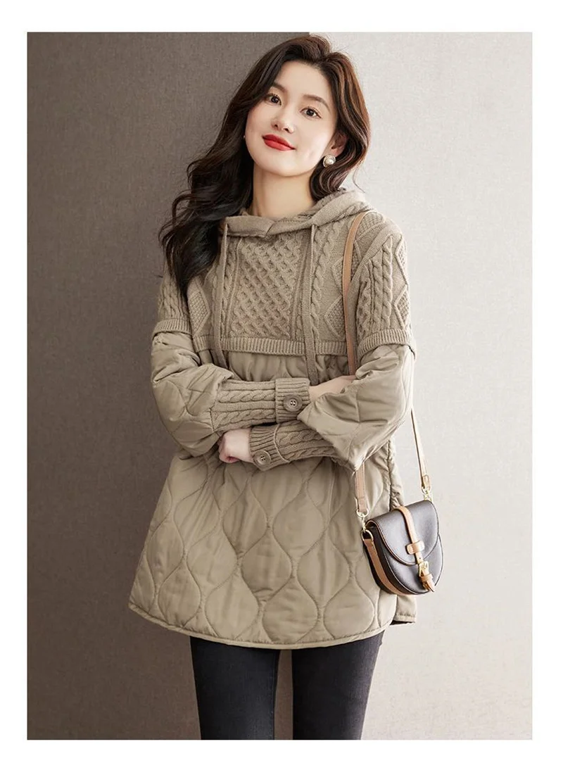 Women Literary Artistic Retro Patchwork Hooded Cotton Jacket Female Winter New Loose Slim Casual Mid Length Cotton Coat Pullover