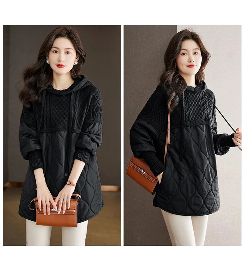Women Literary Artistic Retro Patchwork Hooded Cotton Jacket Female Winter New Loose Slim Casual Mid Length Cotton Coat Pullover