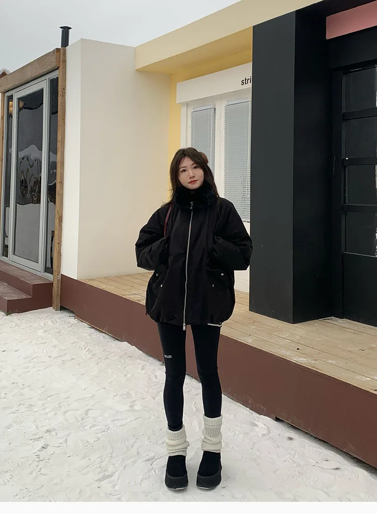 Korean Fashion Women 2025 New Black White Down Cotton Jacket Winter Long Sleeved Festival Versatile Cardigans Zipper Coat Casual
