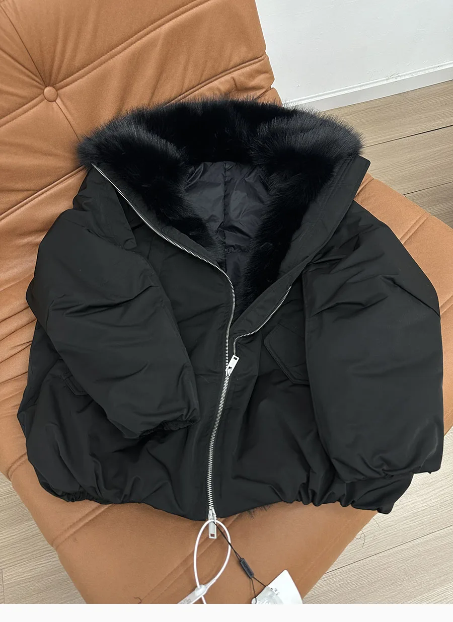 Korean Fashion Women 2025 New Black White Down Cotton Jacket Winter Long Sleeved Festival Versatile Cardigans Zipper Coat Casual