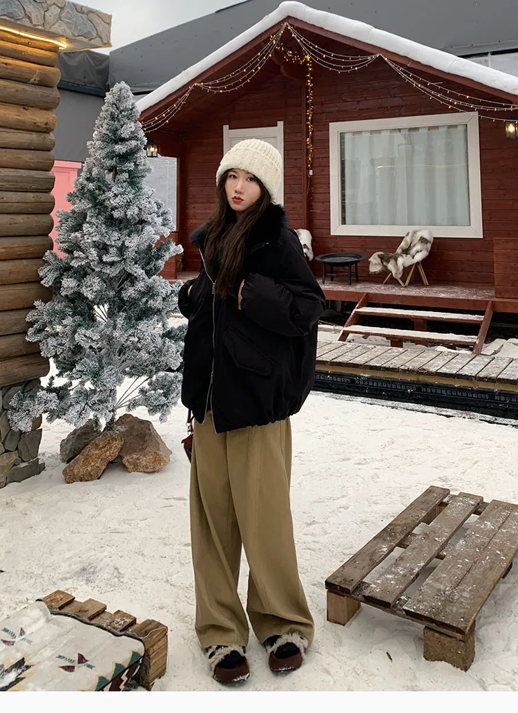 Korean Fashion Women 2025 New Black White Down Cotton Jacket Winter Long Sleeved Festival Versatile Cardigans Zipper Coat Casual