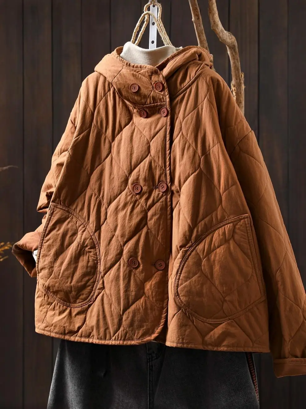 Johnature Women Vintage Hooded Parkas Button Winter Coats 2025 New Solid Color Patchwork Pockets Casual Soft Cotton Parkas